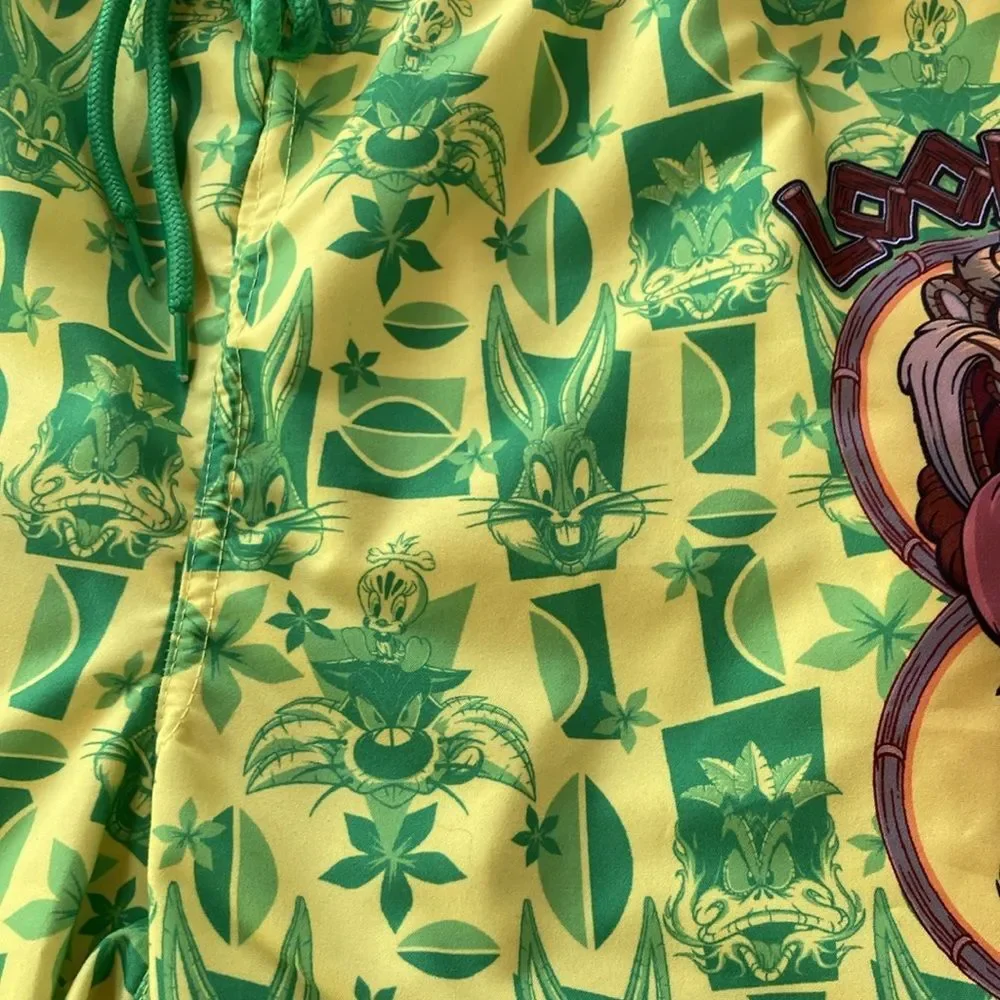 LOONEY TUNES Tiki Swim Trunks Taz Daffy Bugs Mens Neon Green Yellow NEW XL